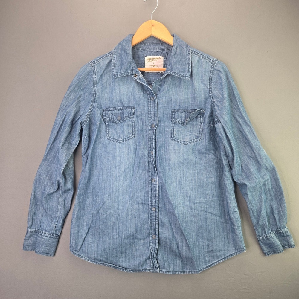 Arizona Jean Co Denim Shirt Button Up Classic Fit L Blue Chambray Long Sleeve
